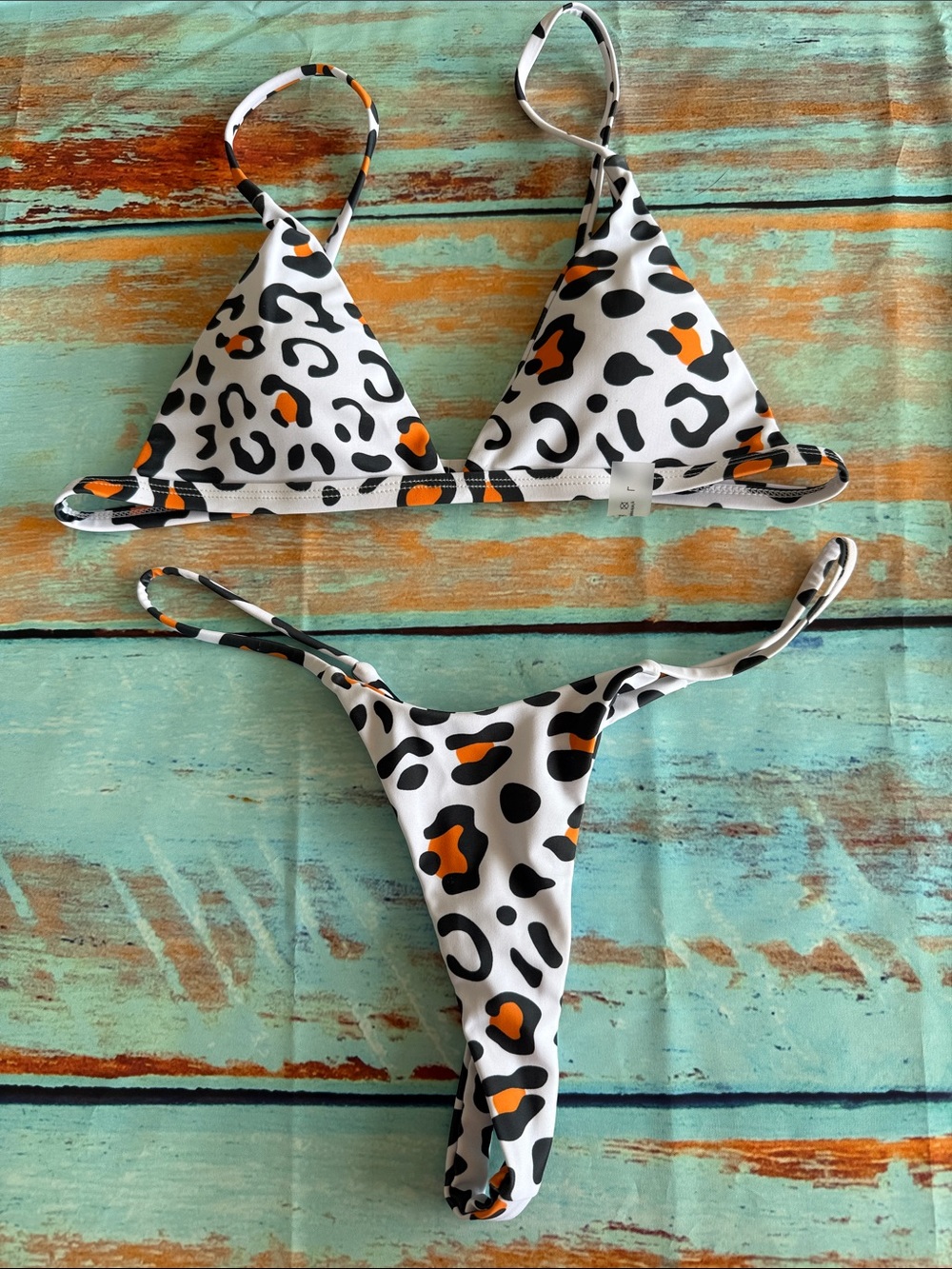 SHEIN White Leopard Print Thong Bikini with Black and Orange Spots